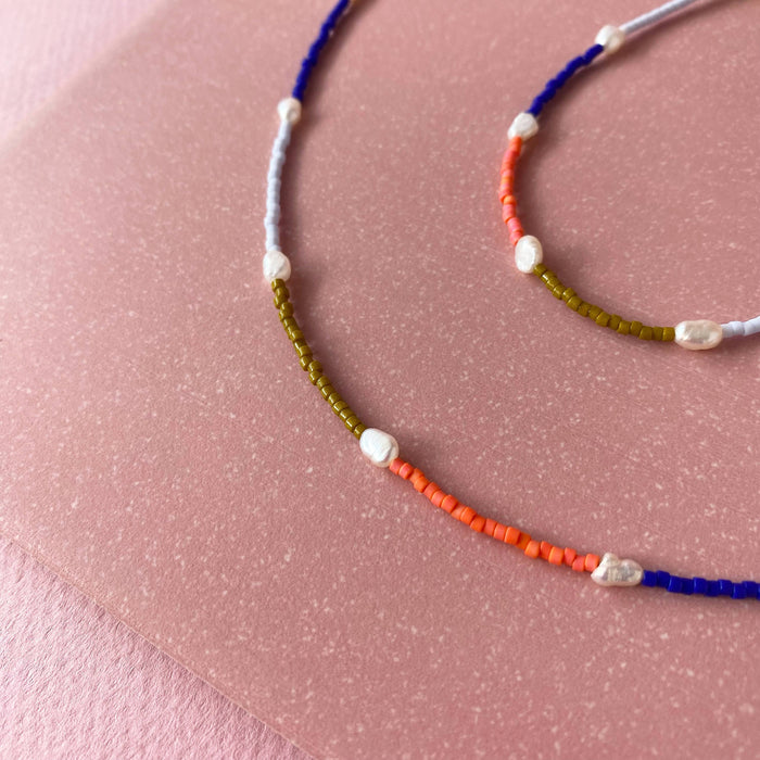 Node Choker - Blue, Orange and Olive Pearls and Freshwater Beads