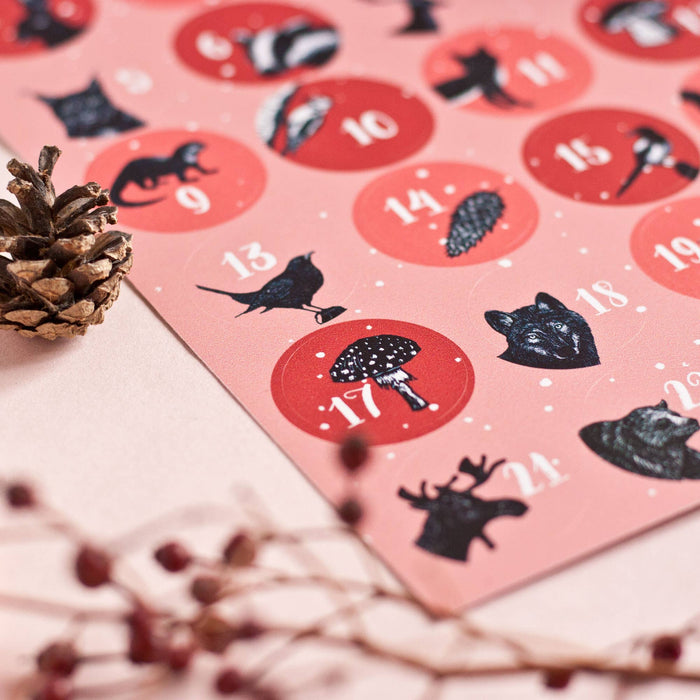 Aufkleberbogen Adventskalender mit Tiermotiven A5, rot