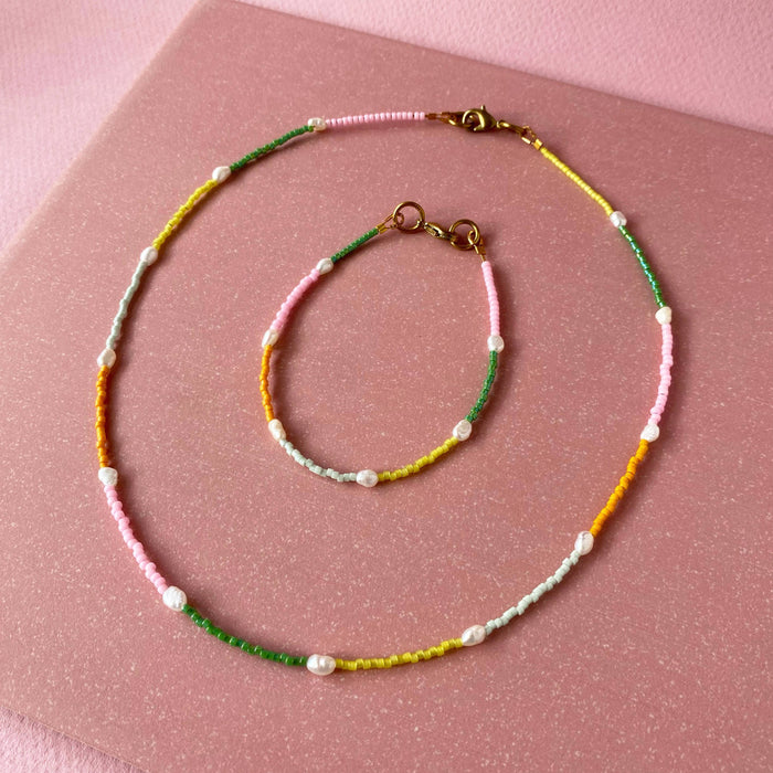 Node Choker - Mustard and Pink and Freshwater Pearls