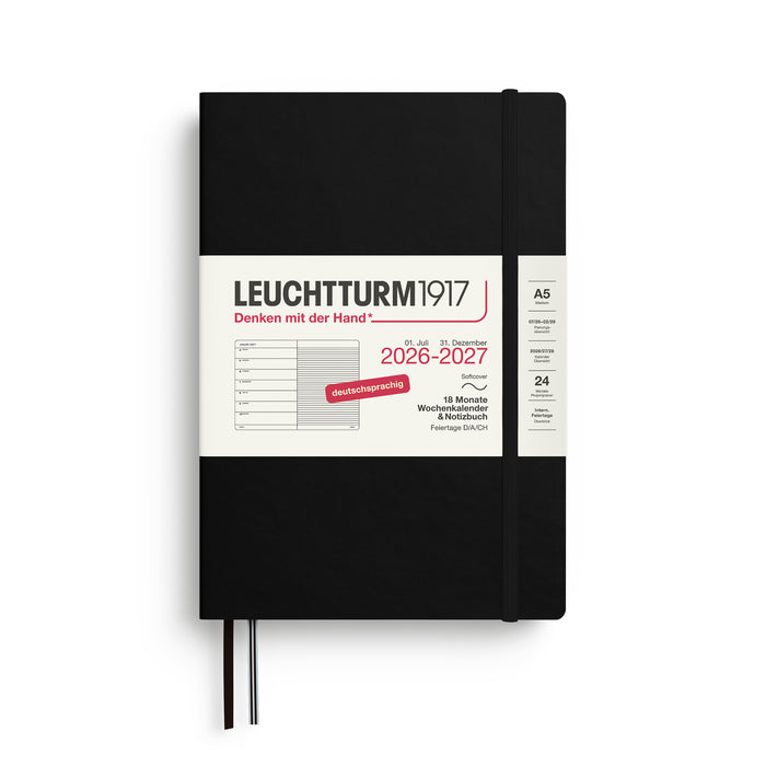 Leuchtturm Wochenkalender & Notizbuch 2026/2027 - A5 (18 Monate) - Schwarz - Softcover